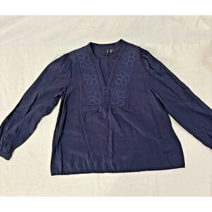 Women's Top Navy Blue XL Peasant Blouse Kari Embroidered Boho‎ Chic Relaxed Cozy
